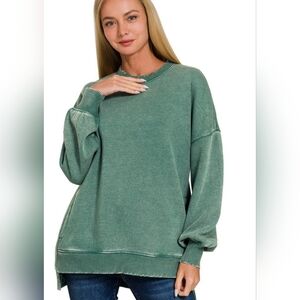Dark Green Acid Wash Fleece hi-low hem pullover